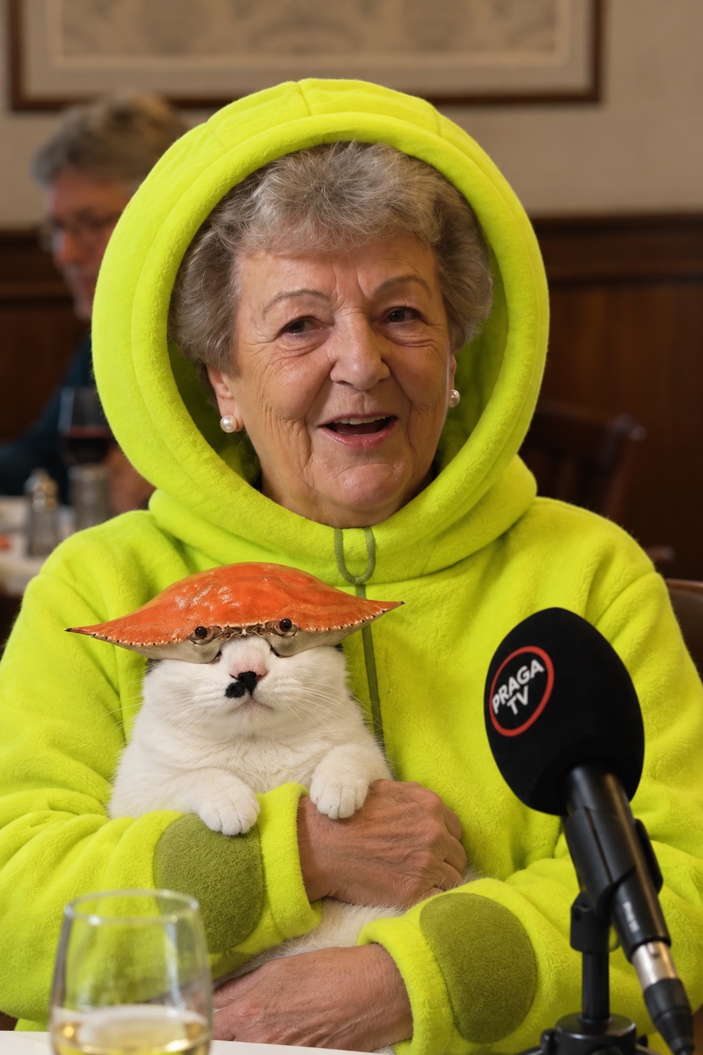 Hoodma in her lime hoodie, holding Crab Cat